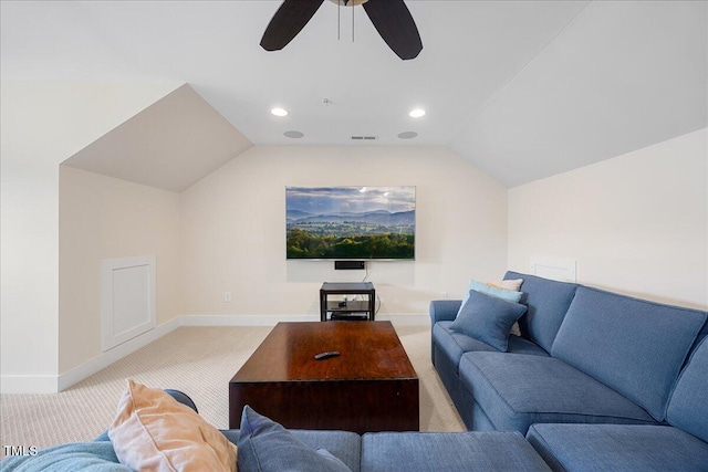 living room with lofted ceiling, carpet floors, visible vents, and baseboards