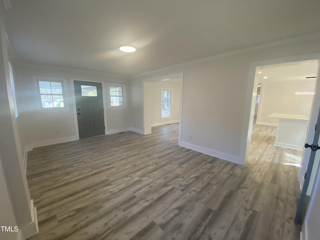 entrance foyer with ornamental molding, plenty of natural light, wood finished floors, and baseboards