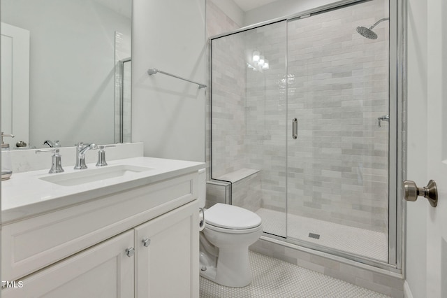 bathroom featuring a stall shower, vanity, toilet, and tile patterned floors