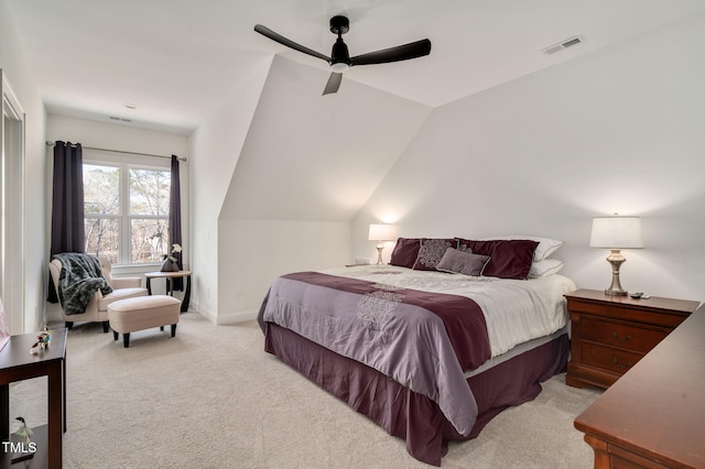 bedroom featuring carpet, visible vents, vaulted ceiling, ceiling fan, and baseboards