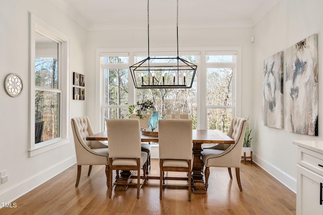 dining space with baseboards, light wood-type flooring, and crown molding