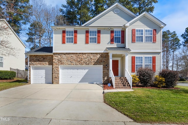 view of front of home featuring stone siding, fence, concrete driveway, and a front yard