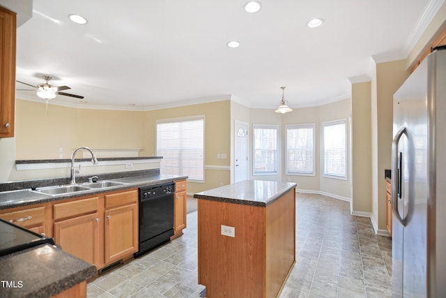 kitchen with dishwasher, a center island, stainless steel refrigerator with ice dispenser, pendant lighting, and a sink