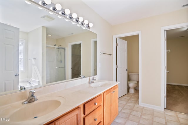 full bathroom with toilet, a sink, visible vents, and a shower stall