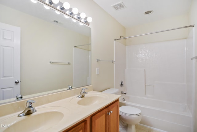 full bath with toilet, visible vents, and a sink