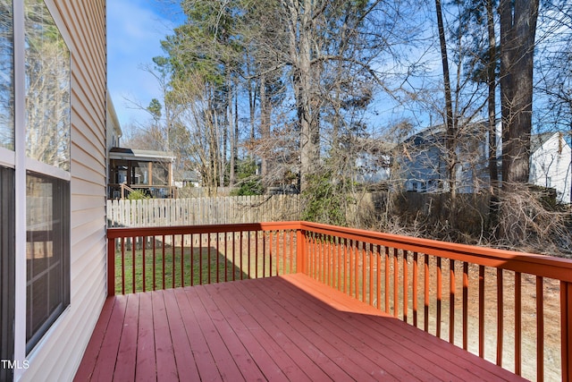 wooden terrace featuring fence