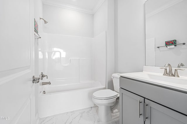 bathroom featuring shower / washtub combination, marble finish floor, toilet, ornamental molding, and vanity