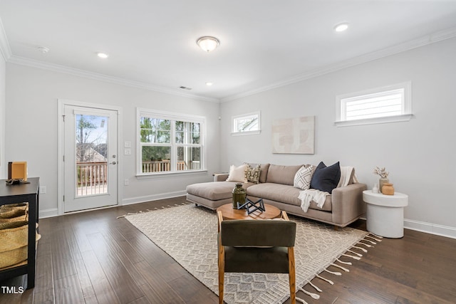 living area featuring ornamental molding, a wealth of natural light, and wood finished floors