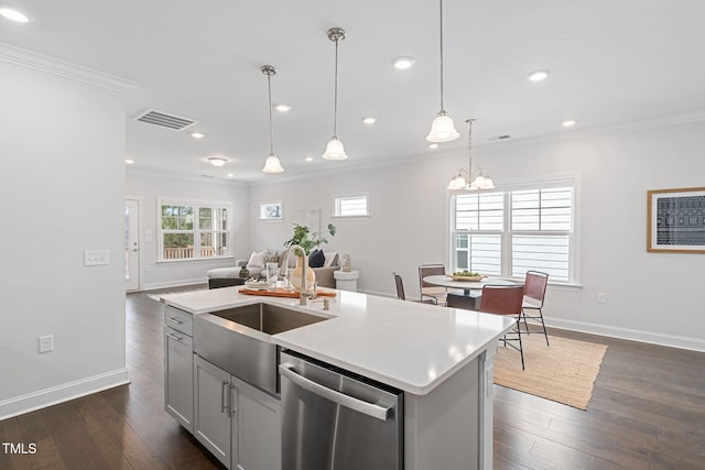 kitchen featuring a sink, visible vents, open floor plan, ornamental molding, and stainless steel dishwasher