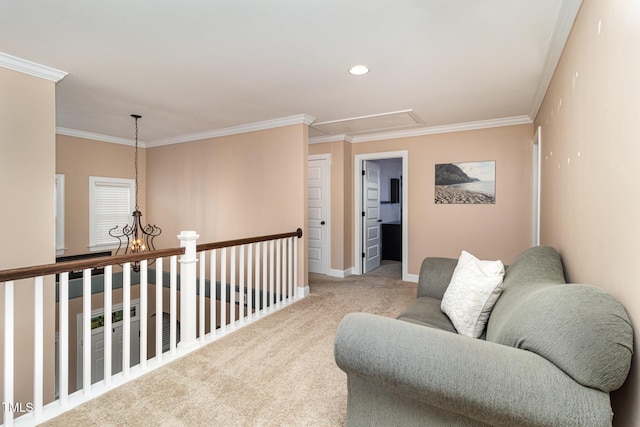 sitting room with crown molding, recessed lighting, attic access, carpet flooring, and baseboards