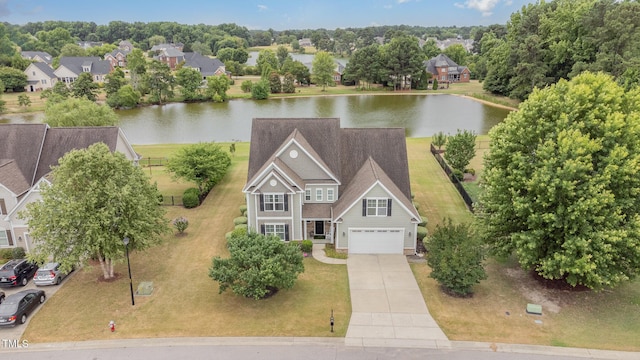 drone / aerial view featuring a water view