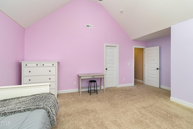 carpeted bedroom with high vaulted ceiling, baseboards, and visible vents