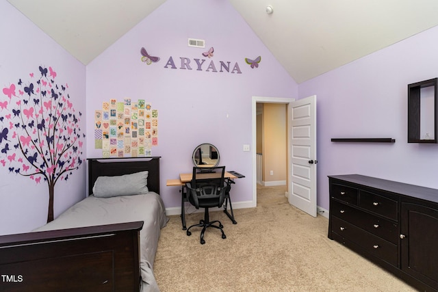 bedroom with light carpet, lofted ceiling, visible vents, and baseboards