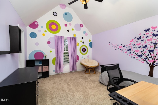 carpeted bedroom featuring lofted ceiling, baseboards, and a ceiling fan