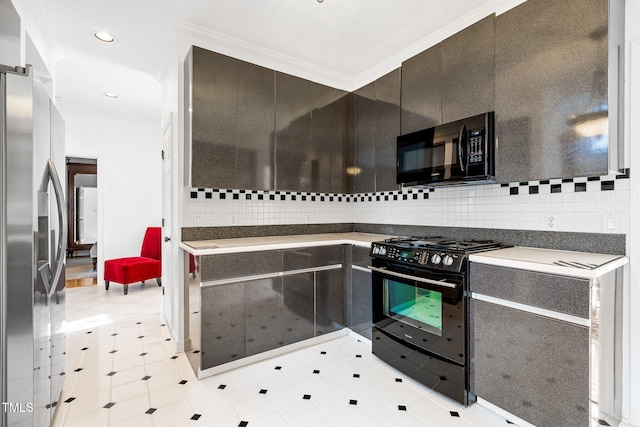 kitchen featuring tasteful backsplash, recessed lighting, ornamental molding, modern cabinets, and black appliances