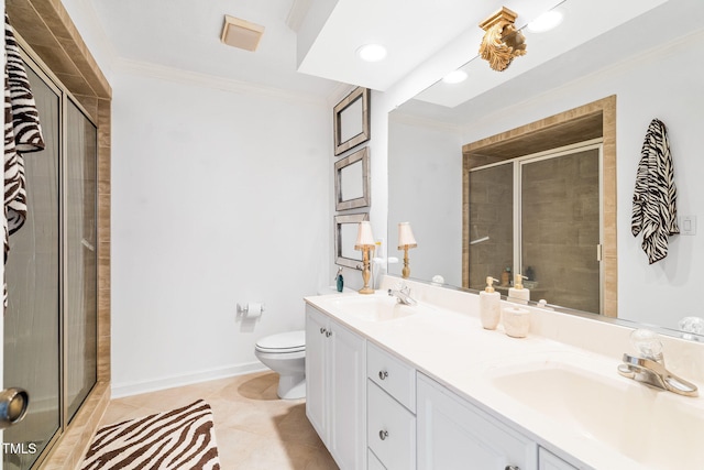 full bathroom featuring ornamental molding, tile patterned flooring, a sink, and a shower stall