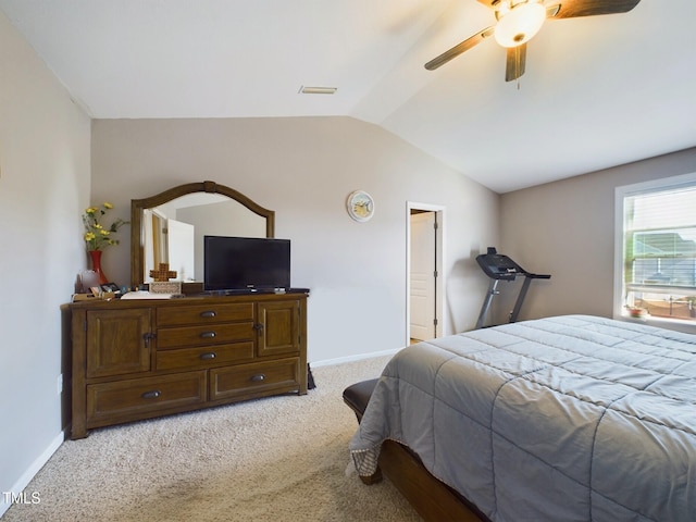 bedroom with light carpet, baseboards, visible vents, a ceiling fan, and vaulted ceiling