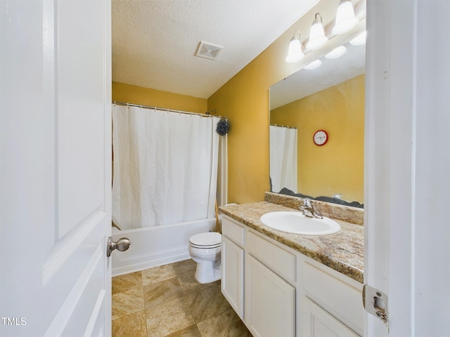 bathroom featuring visible vents, shower / bathtub combination with curtain, toilet, a textured ceiling, and vanity