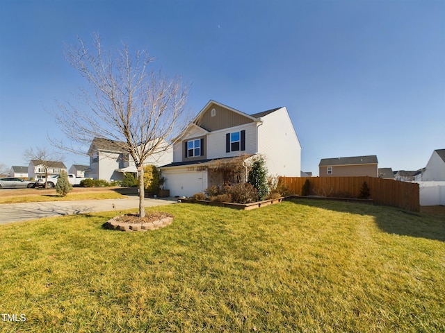 view of front facade featuring driveway, a front lawn, an attached garage, and fence