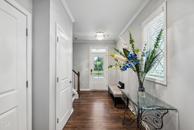 5520 Advancing Ave, Raleigh, NC 27616 - entryway with ornamental molding, dark wood-type flooring, baseboards, and stairs