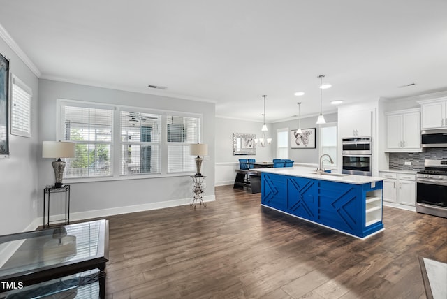 5520 Advancing Ave, Raleigh, NC 27616 - kitchen with stainless steel appliances, blue cabinetry, white cabinets, light countertops, and plenty of natural light