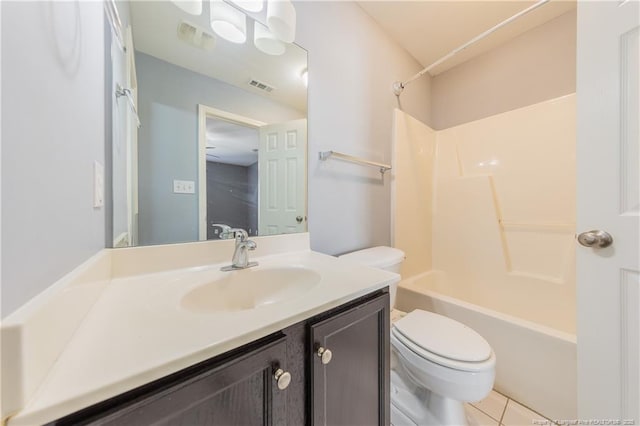 full bathroom with toilet, visible vents, tub / shower combination, and vanity