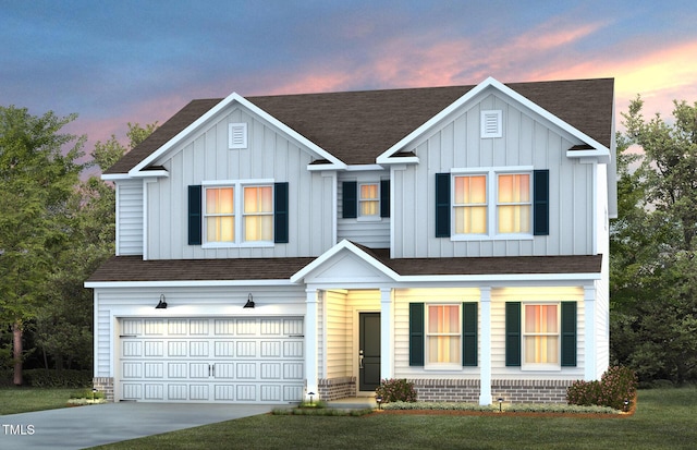 view of front facade featuring board and batten siding, a garage, driveway, and a shingled roof