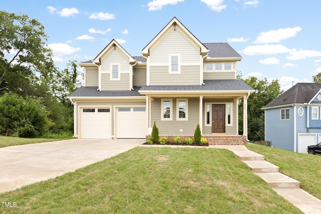 view of front of property featuring an attached garage, driveway, roof with shingles, and a front yard