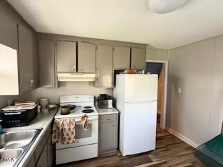 kitchen featuring white appliances, under cabinet range hood, dark wood-type flooring, and a sink