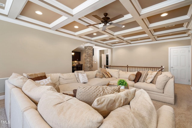 carpeted living room with a ceiling fan, recessed lighting, beam ceiling, and ornate columns