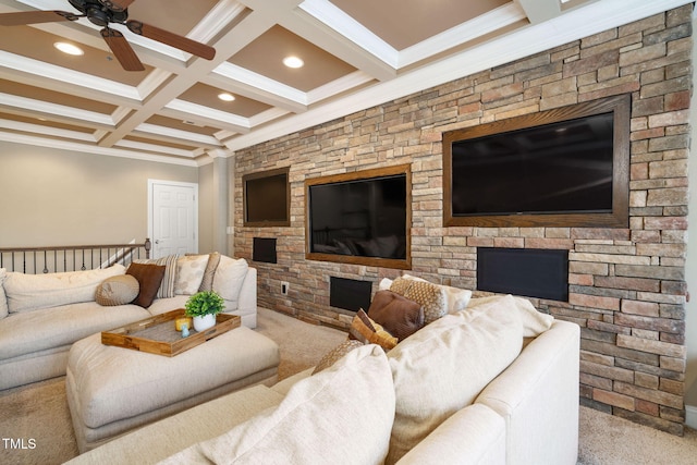 living room featuring crown molding, coffered ceiling, beam ceiling, and light colored carpet