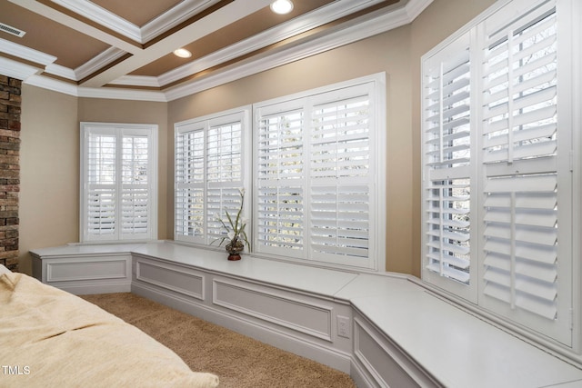 interior space featuring carpet, recessed lighting, ornamental molding, coffered ceiling, and beamed ceiling