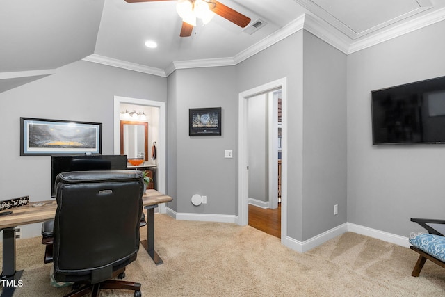 office with attic access, light colored carpet, visible vents, and ornamental molding