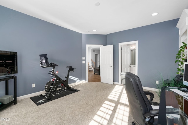 carpeted home office featuring baseboards and recessed lighting