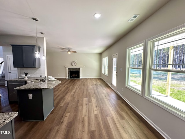 kitchen with a sink, stainless steel dishwasher, dark wood finished floors, a fireplace, and baseboards