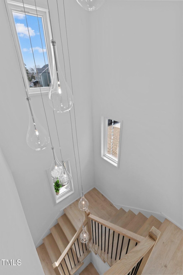 staircase featuring a wealth of natural light and wood finished floors