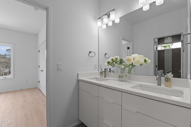 bathroom featuring double vanity, a sink, and wood finished floors