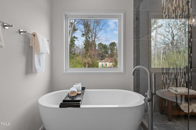 full bath featuring tile patterned flooring, a freestanding tub, and plenty of natural light