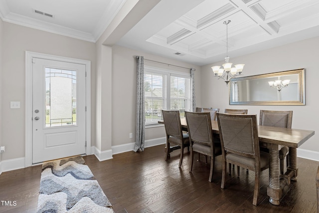 dining space featuring coffered ceiling, dark wood finished floors, visible vents, and baseboards