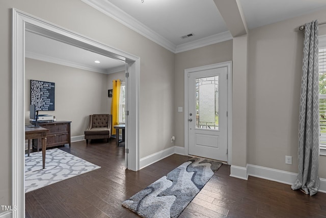 entryway with a healthy amount of sunlight, visible vents, and dark wood finished floors