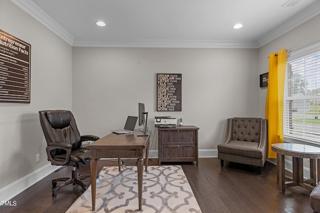 home office featuring crown molding, baseboards, and dark wood-style flooring