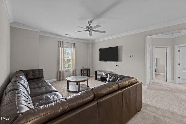 living area featuring ceiling fan, light colored carpet, visible vents, baseboards, and crown molding