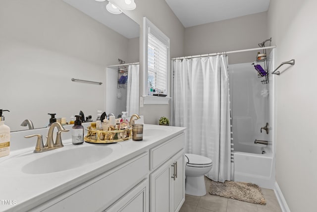 full bathroom with double vanity, tile patterned flooring, shower / bathtub combination with curtain, and a sink