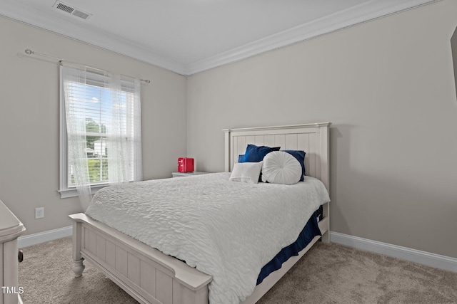 bedroom featuring light carpet, crown molding, visible vents, and baseboards