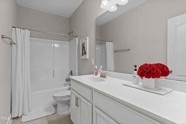 full bathroom with toilet, tile patterned flooring, shower / bath combo with shower curtain, and vanity