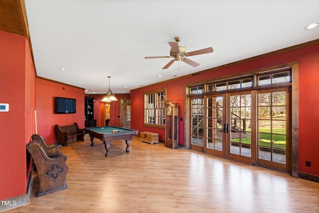 playroom featuring recessed lighting, billiards, wood finished floors, and french doors