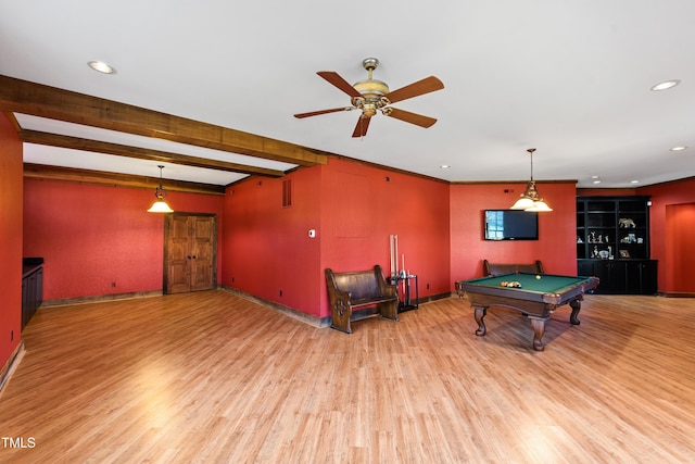 rec room featuring recessed lighting, billiards, wood finished floors, baseboards, and beam ceiling