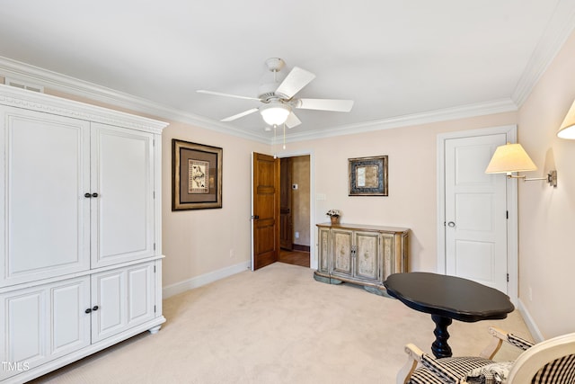 living area with ceiling fan, light colored carpet, visible vents, baseboards, and crown molding