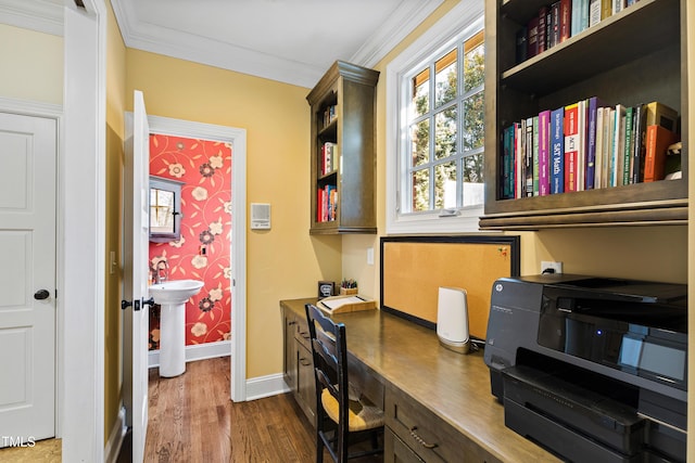 office area with baseboards, a sink, dark wood finished floors, and crown molding