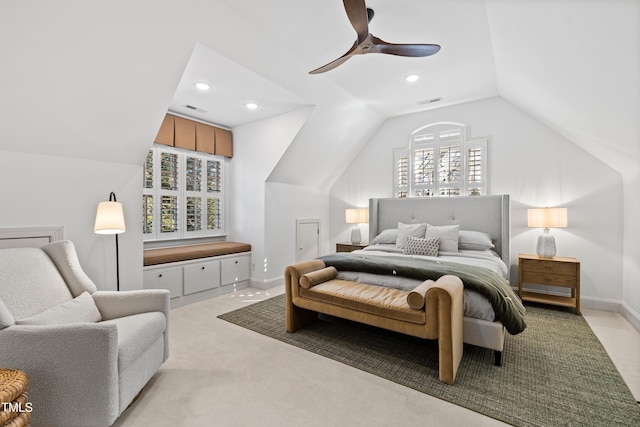 bedroom with lofted ceiling, baseboards, visible vents, and a ceiling fan